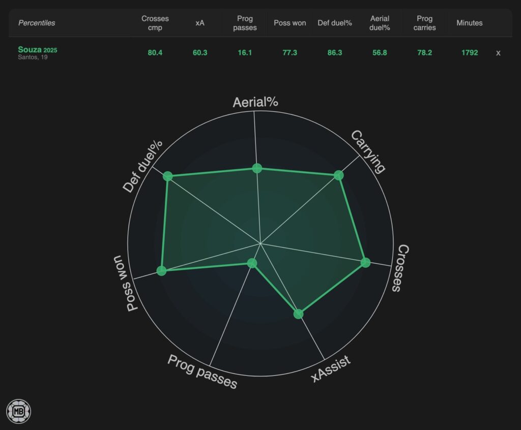 2026年冬にトッテナムが補強として獲得したソウザのプレースタイルを示すデータレーダーチャート
