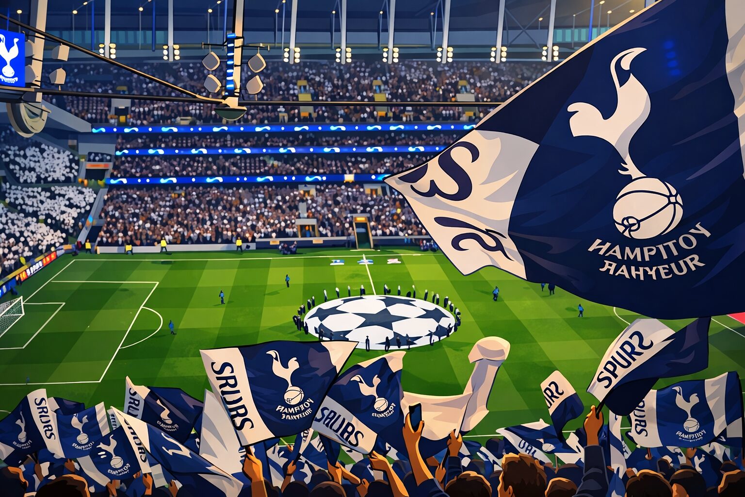 トッテナムのスタジアム内観とサポーターの旗が映る写真。2026年冬のトッテナム補強記事のアイキャッチ用画像