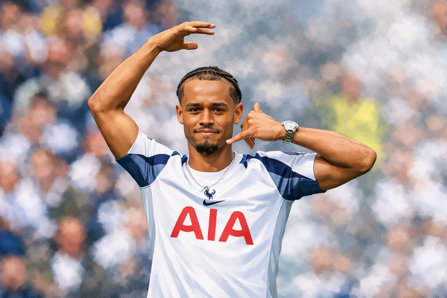 シャビ・シモンズのプレースタイル分析記事のアイキャッチ画像｜トッテナムのユニフォーム姿でプレーするシャビ・シモンズ